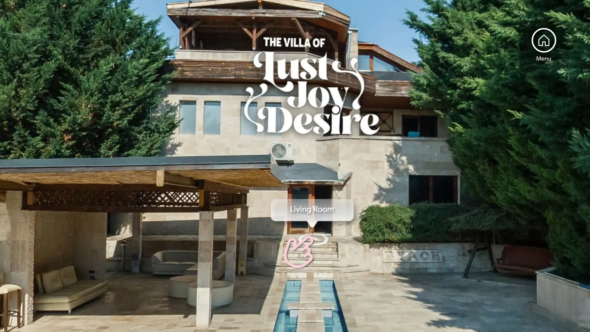 House of Lust by VR Pornnow Games: 360° villa title screen, The Villa of Lust Joy Desire, with a Living Room hotspot you point at to choose where to go