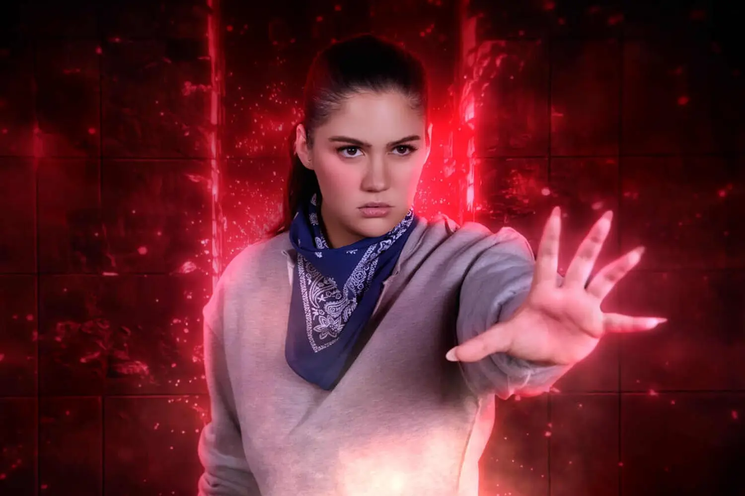 Ellie Nova Stranger Things VR scene secondary shot: curvy brunette Eleven cosplay on VRCosplayX in 180° stereoscopic with violet-blue Upside Down lighting