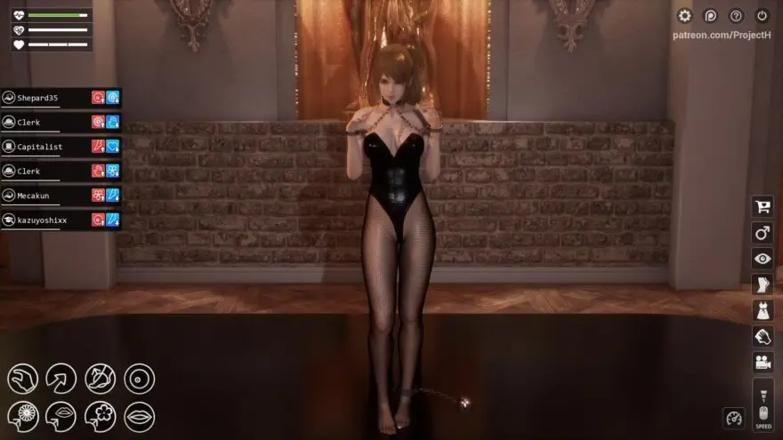 Fallen Doll VR game: Erika the sex robot in a black leather bodysuit and fishnets standing in the nightclub, with customer requests listed on the left and the menu icons on the right