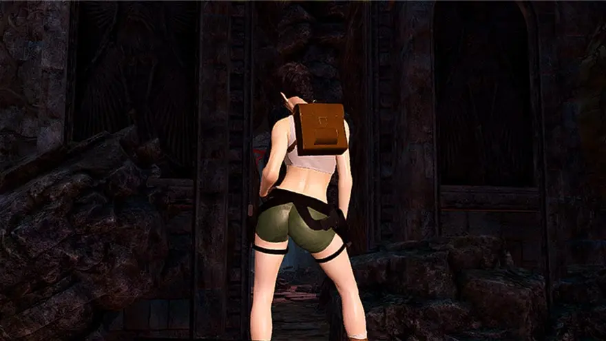 Futa City VR game: adventurer character in a crop top, green shorts and a leather backpack exploring a dark stone temple, one of five standalone futa stories
