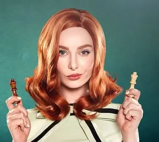 Lacy Lennon Queen's Gambit A XXX Parody VR porn scene: Lacy Lennon as Beth Harmon in a mint-green dress holding two chess pieces, VRCosplayX cosplay parody on VRPorn.com