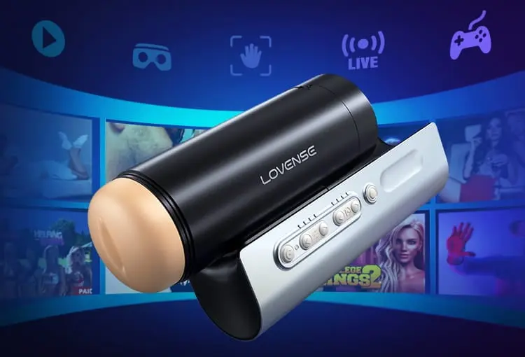 Lovense Solace Pro in front of a wall of video, VR, live cam and game thumbnails, the kinds of content Lovense toys can sync with