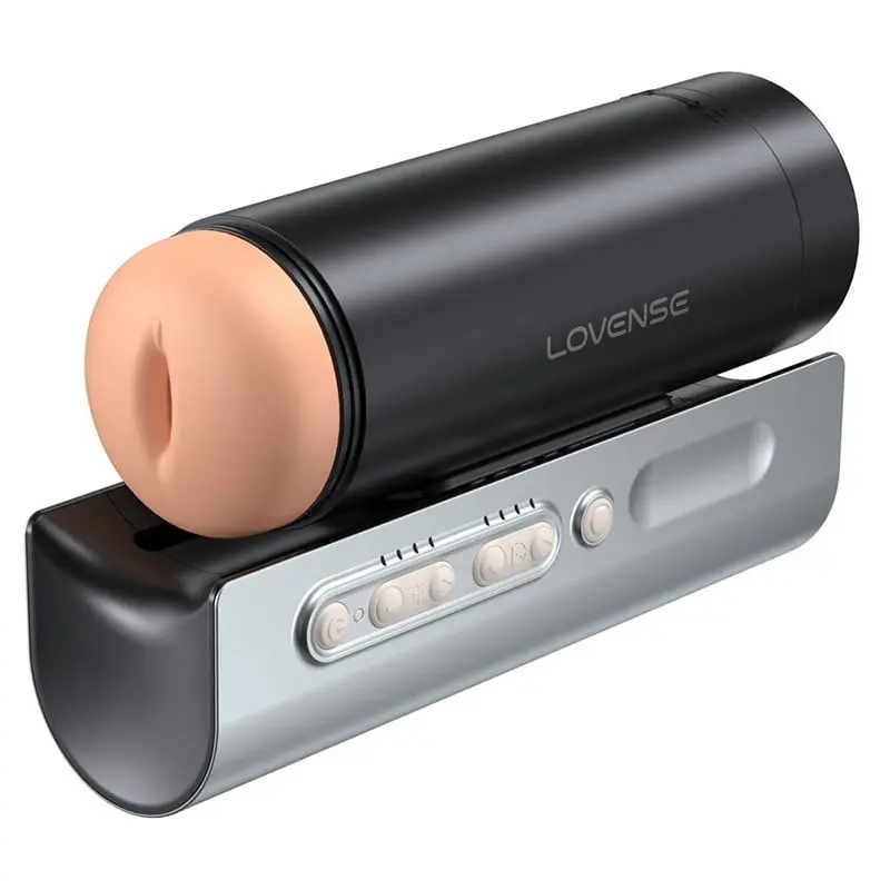 Lovense Solace Pro hands-free thrusting stroker: black stroker cup with the sleeve inside, mounted on a silver base with front control buttons