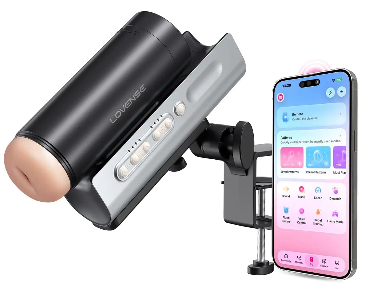 Lovense Solace Pro on its desk clamp next to the Lovense Remote app, with Patterns, Sound, Music, Speed, Voice Control and Game Mode options