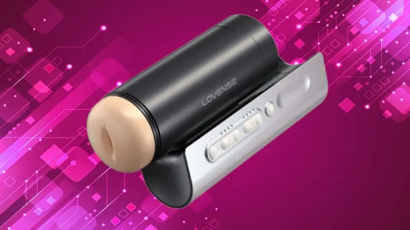 Lovense Solace Pro side view: black stroker cup resting in its curved silver cradle, built for hands-free thrusting up to 300 strokes per minute
