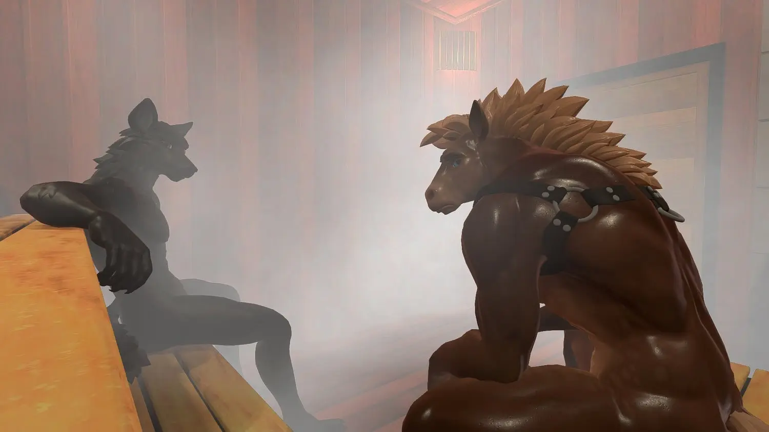 Anthro Heat sauna scene: a black wolf and a muscular horse character in a leather harness sitting in the steam, from the furry VR sex sandbox on Steam