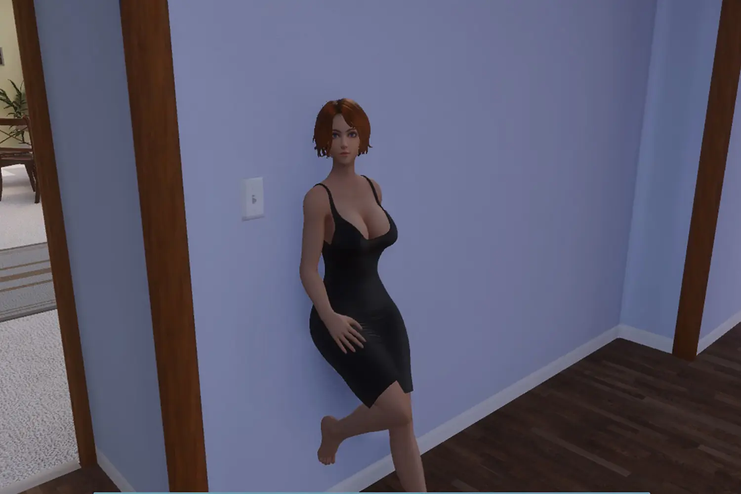 Femdom Wife Game: Zoe at home in a black dress, leaning against a hallway wall, from the femdom story VR game on Steam with a free demo