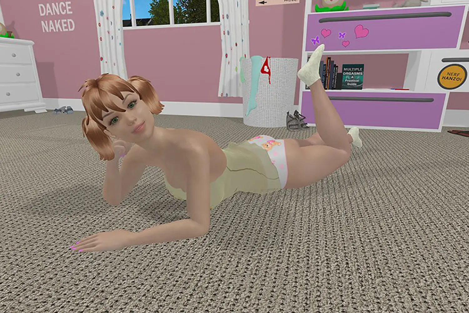 Mandy's Room: Mandy, the game's adult main character, lying on her bedroom floor in a camisole, from the hands-free VR story game on Steam